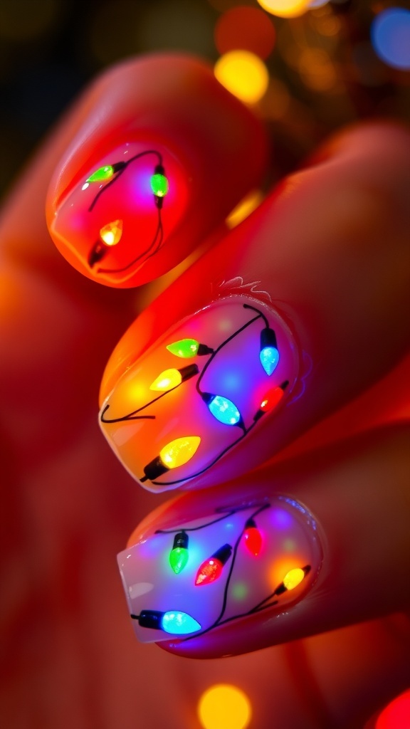 Nail art with colorful Christmas lights design on a festive background.